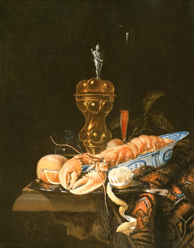 A Still Life with a Lobster in a Delft Bowl by Jurian van Streeck or Streek